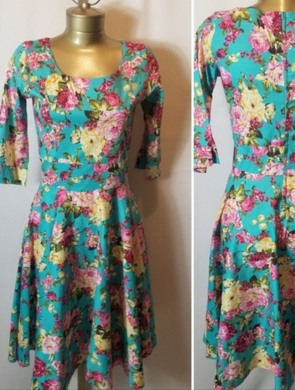 MISS MONEY PENNY 50's STYLE TURQUOISE  & PINK FLORAL SWING DRESS
